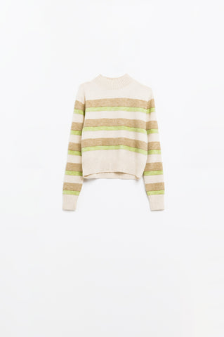 beige sweater with green and camel stripes
