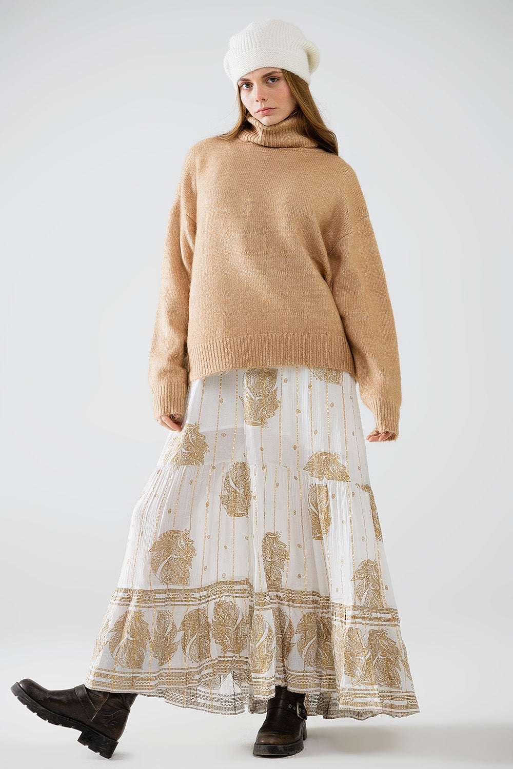 Beige turtleneck jumper with dropped sleeves