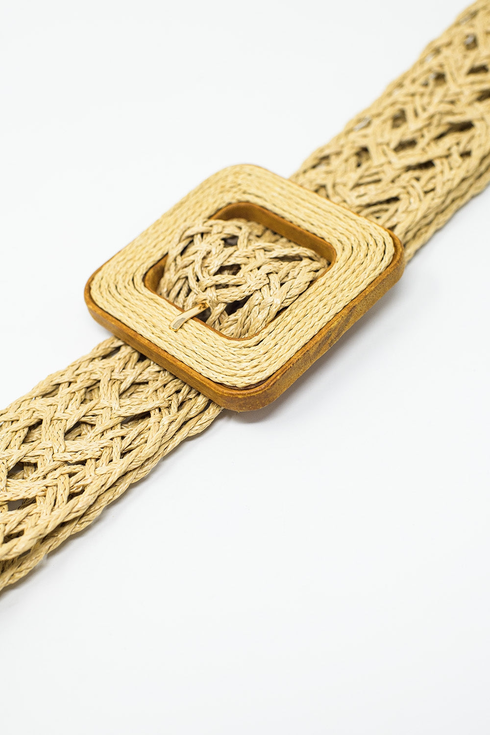 Beige woven belt with big square buckle with brown border - Belts