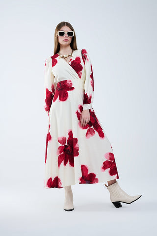 Beige Wrap Midi Dress With Red Tropical Floral Print and Long Sleeves
