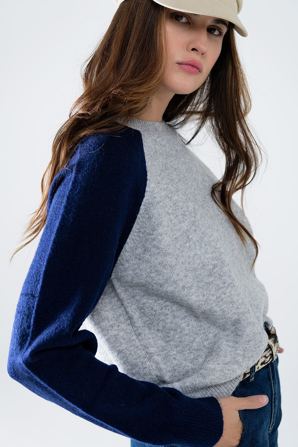Bi-Color Raglan Sleeve pullover in Navy and Grey - Jumpers