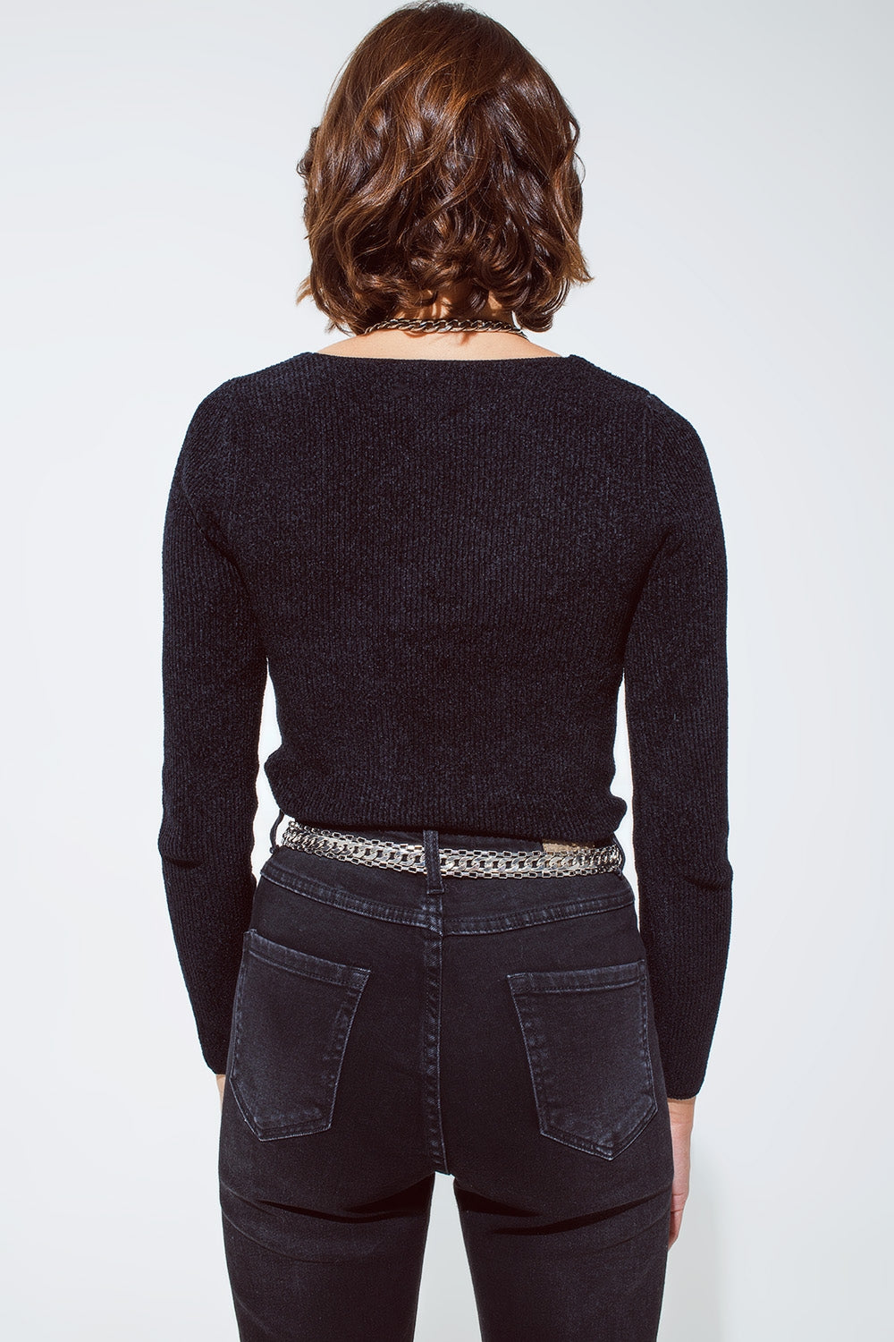Black chenille sweetheart neck top Q2 Sweaters BoutiqueLua