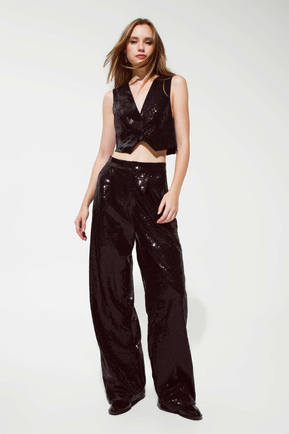 Black Cropped Vest With Reflective Sequins - Vests