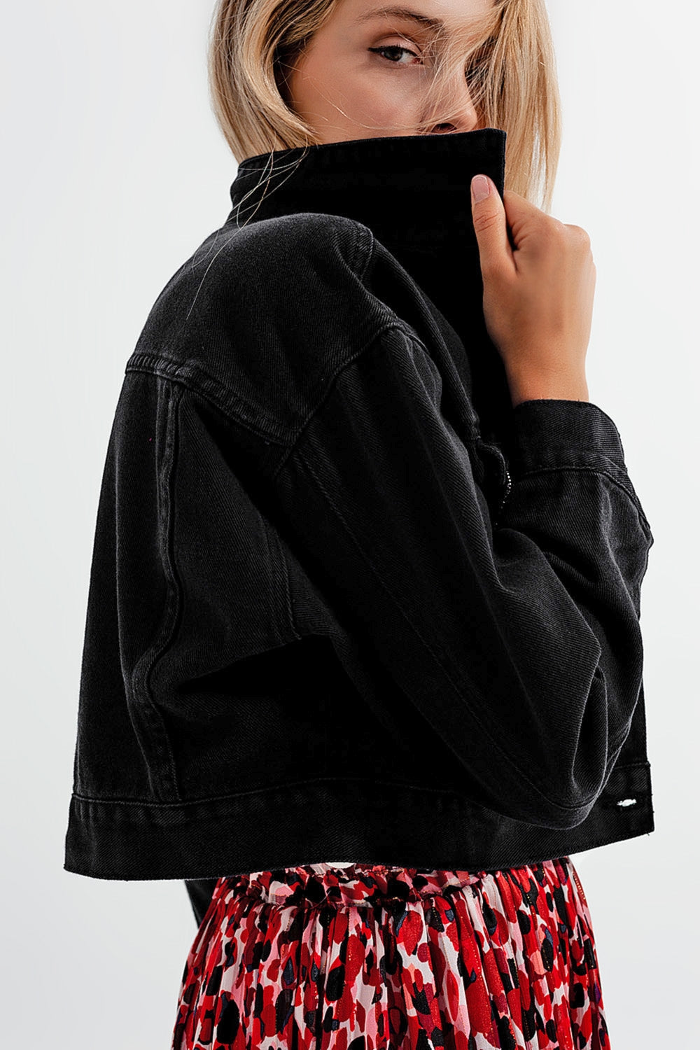 Black denim jacket with strass fringing Q2 Coats and Jackets BoutiqueLua