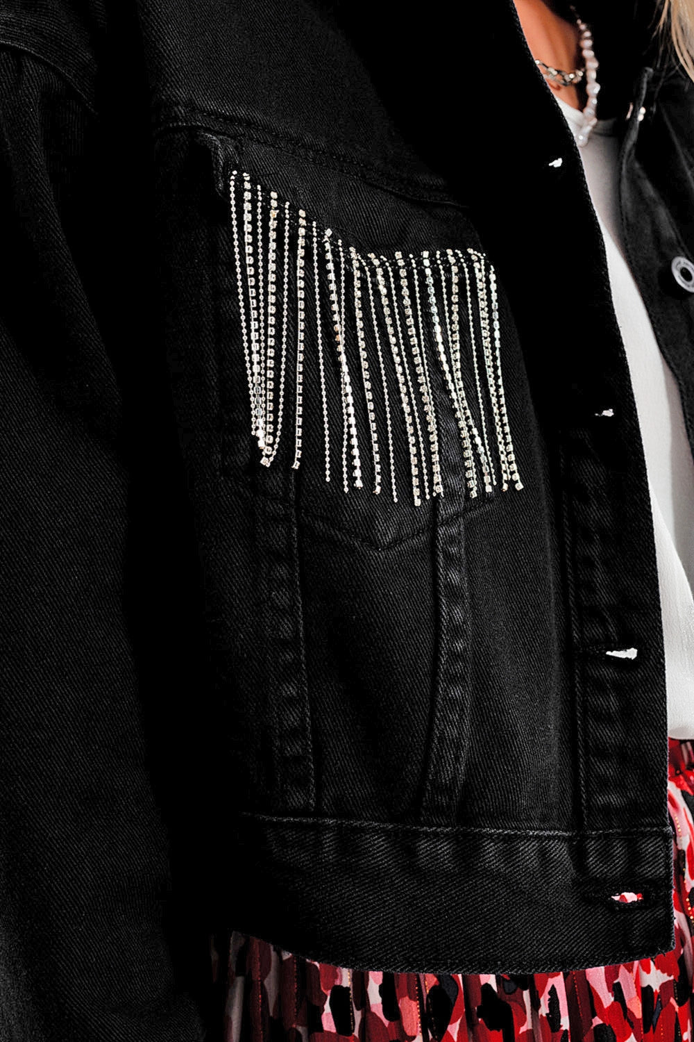 Black denim jacket with strass fringing Q2 Coats and Jackets BoutiqueLua
