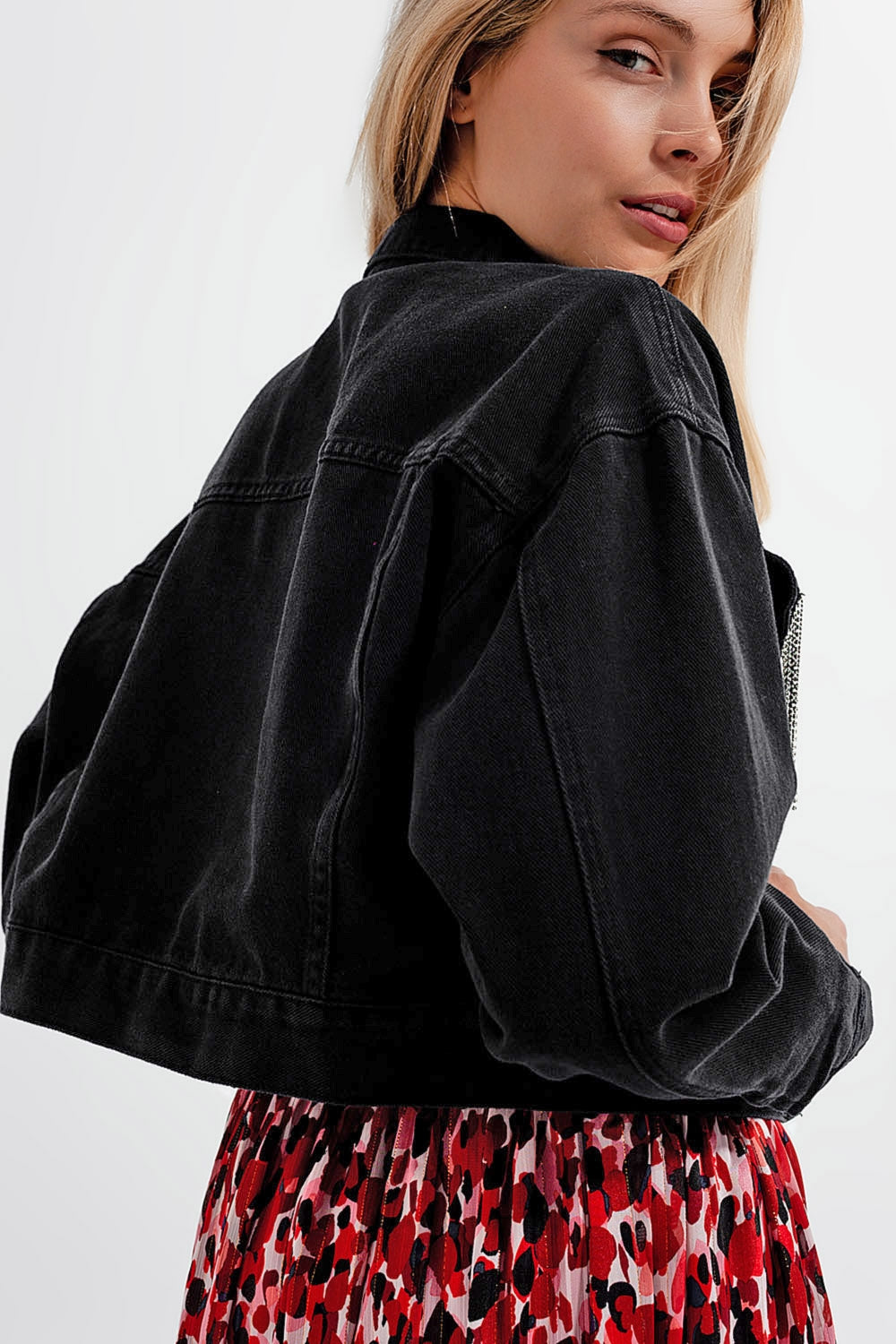 Black denim jacket with strass fringing Q2 Coats and Jackets BoutiqueLua