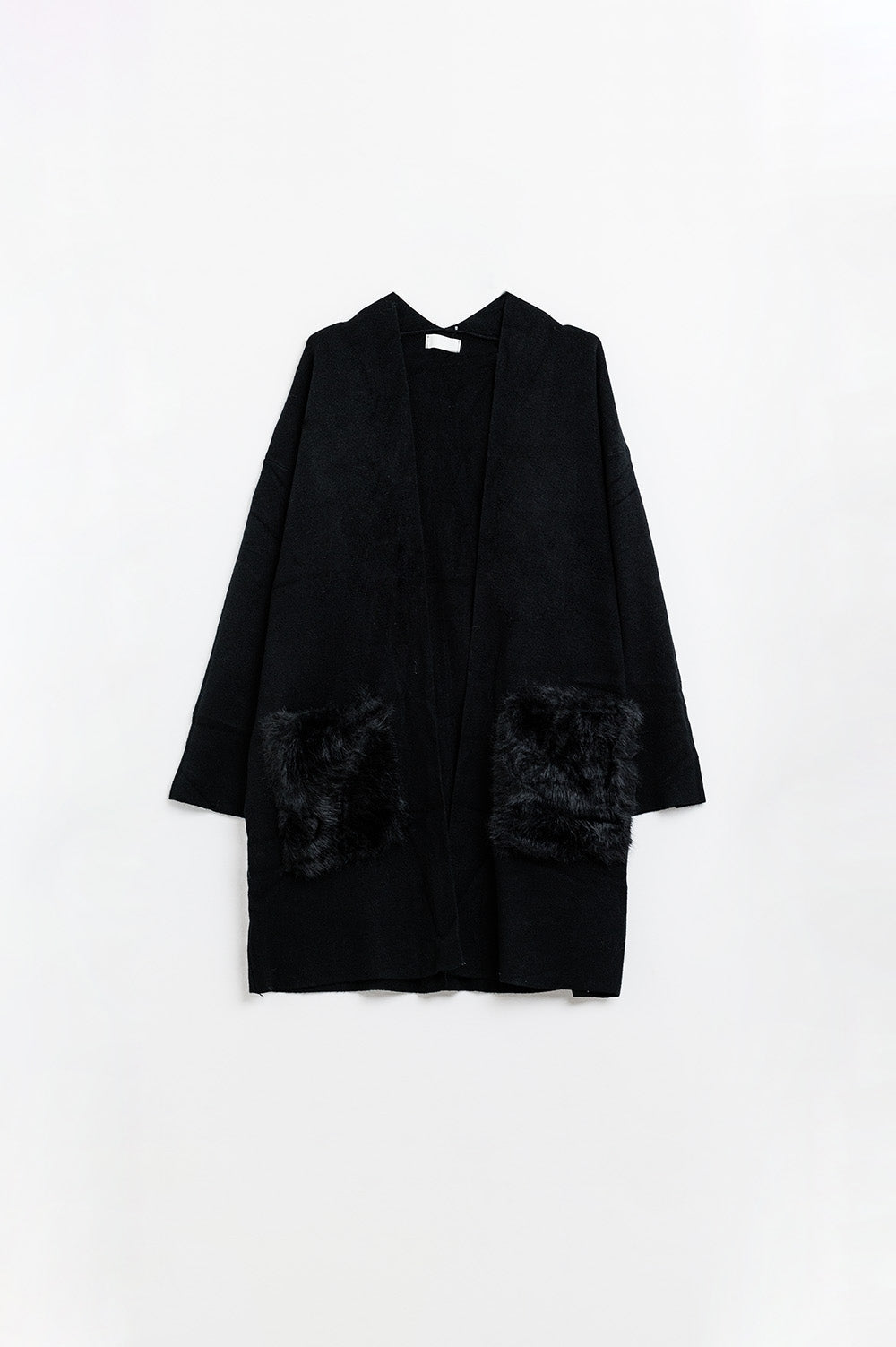 Black High quality knitted maxi cardigan with fur pockets - Cardigans