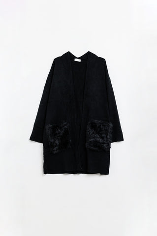 Black High quality knitted maxi cardigan with fur pockets