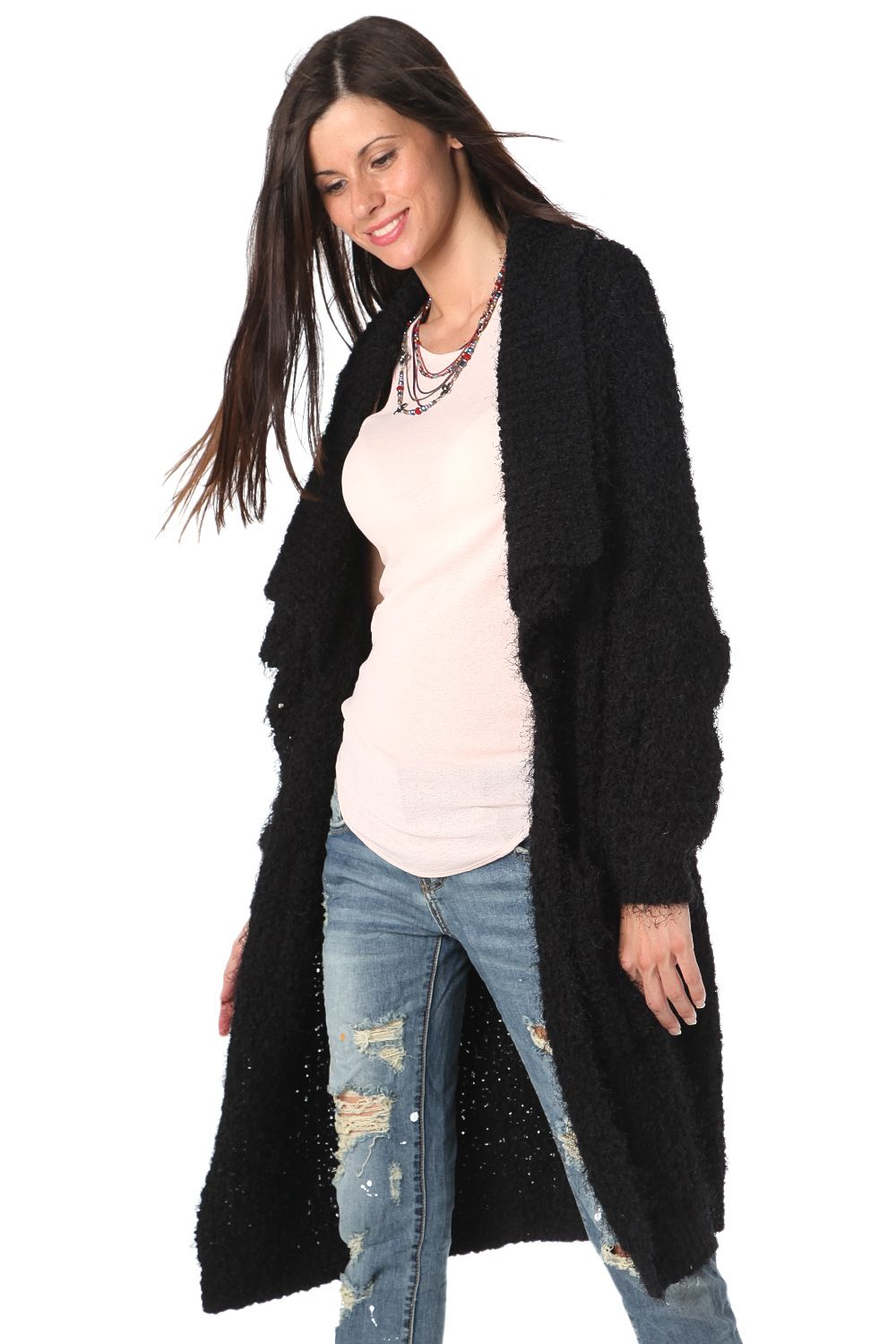Black longline oversize cardigan in fluffy yarn - Cardigans