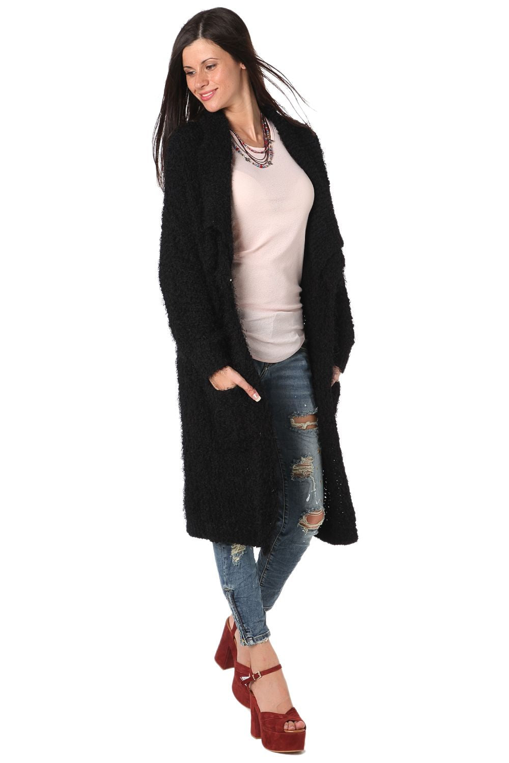 Black longline oversize cardigan in fluffy yarn - Cardigans