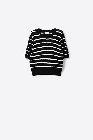 Black Openwork Knit Top with Short Sleeves and White Stripes