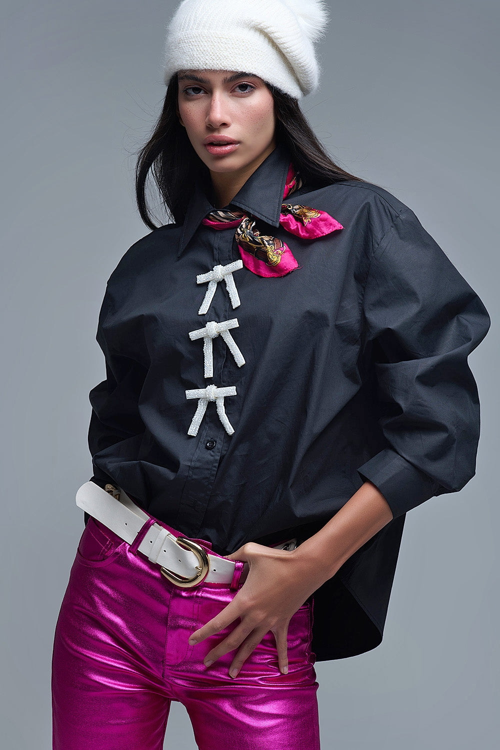 Black Oversized Poplin Shirt With White Beaded Bow Buttons - Shirts