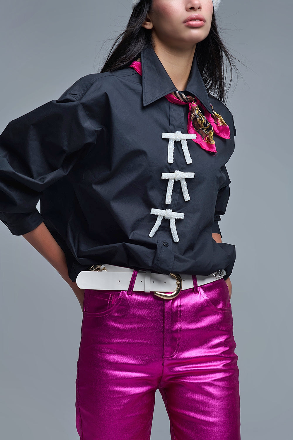 Black Oversized Poplin Shirt With White Beaded Bow Buttons - Shirts