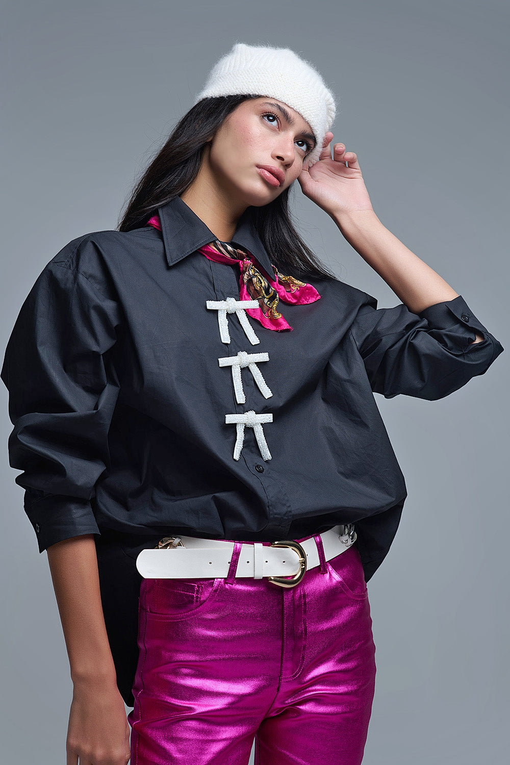 Black Oversized Poplin Shirt With White Beaded Bow Buttons - Shirts
