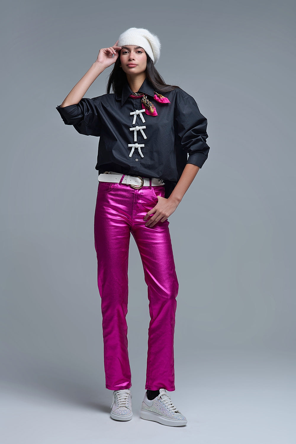 Black Oversized Poplin Shirt With White Beaded Bow Buttons - Shirts