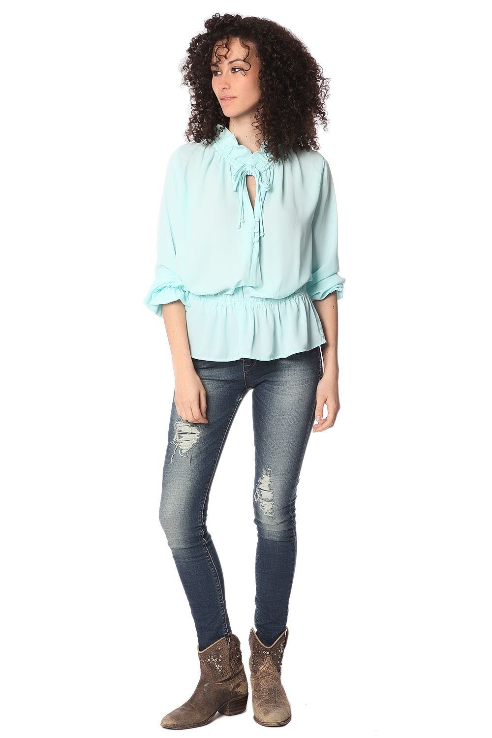 Turquoise ruffle neck tie blouse - Shirts