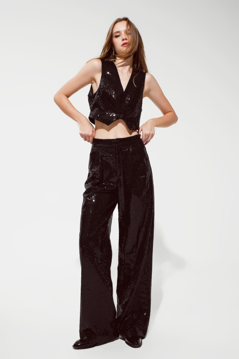 Black Sequins Pants with Flares Legs - Trousers