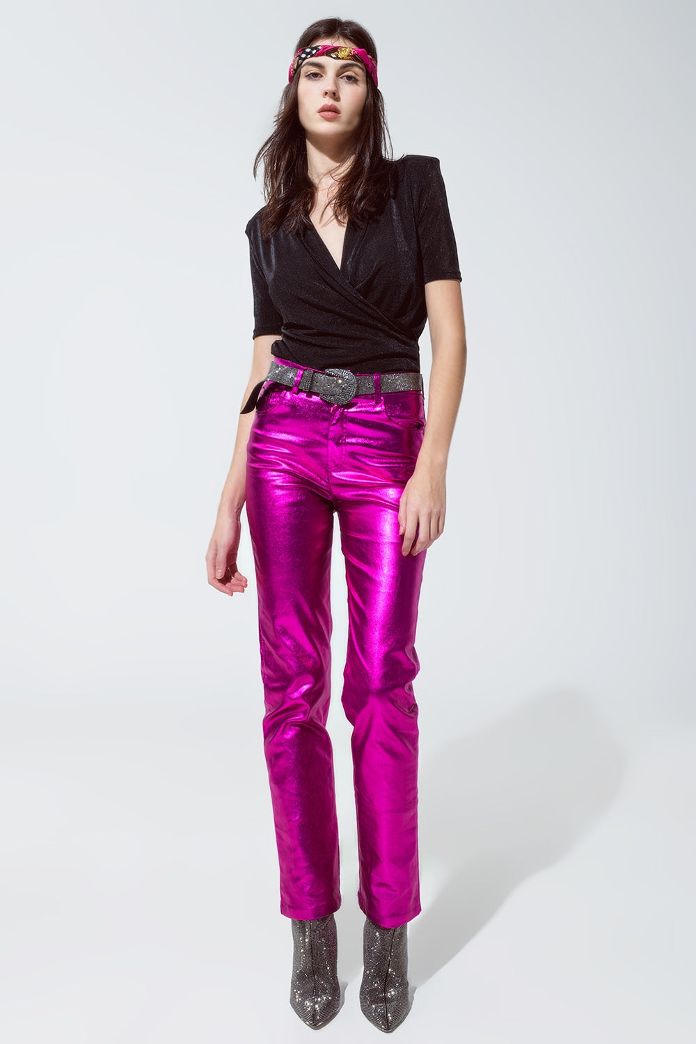 Black shiny wrap short sleeve Vneck top - Tops