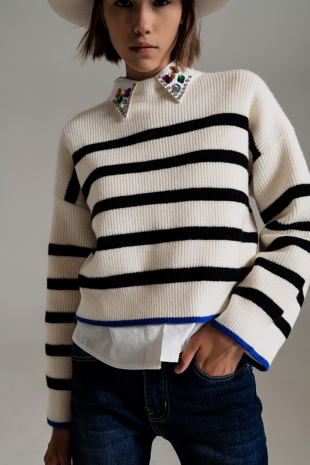 black striped jumper with blue stripe detail on the bottom Q2 Sweaters BoutiqueLua
