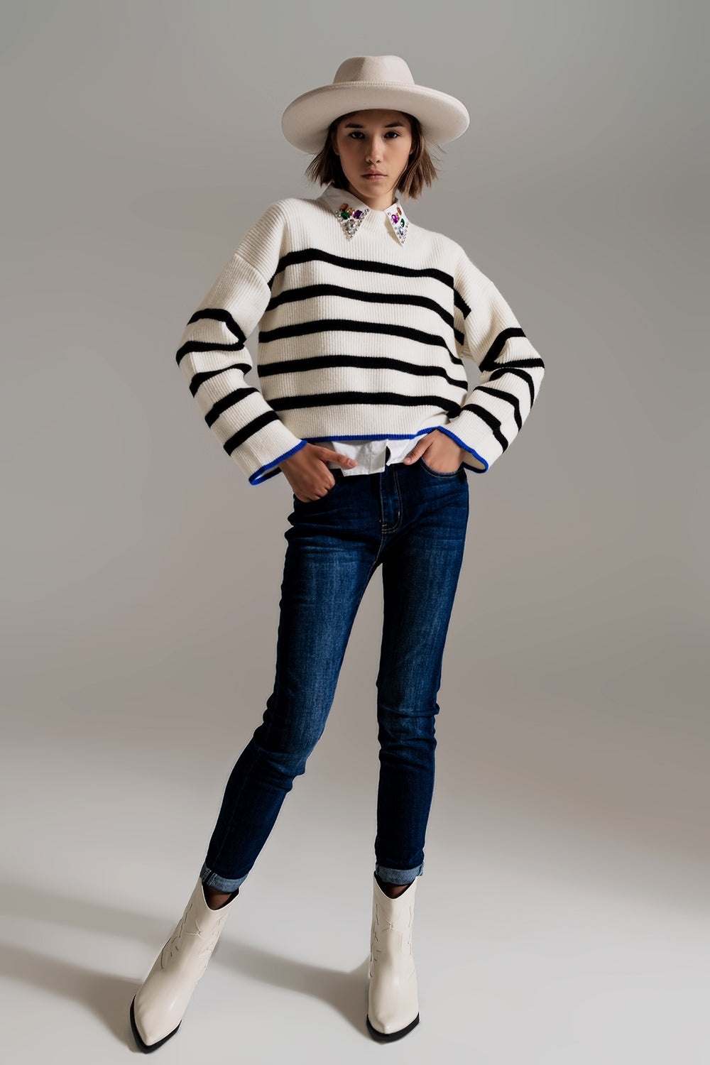black striped jumper with blue stripe detail on the bottom Q2 Sweaters BoutiqueLua