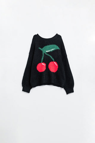 pull noir à imprimé cerise