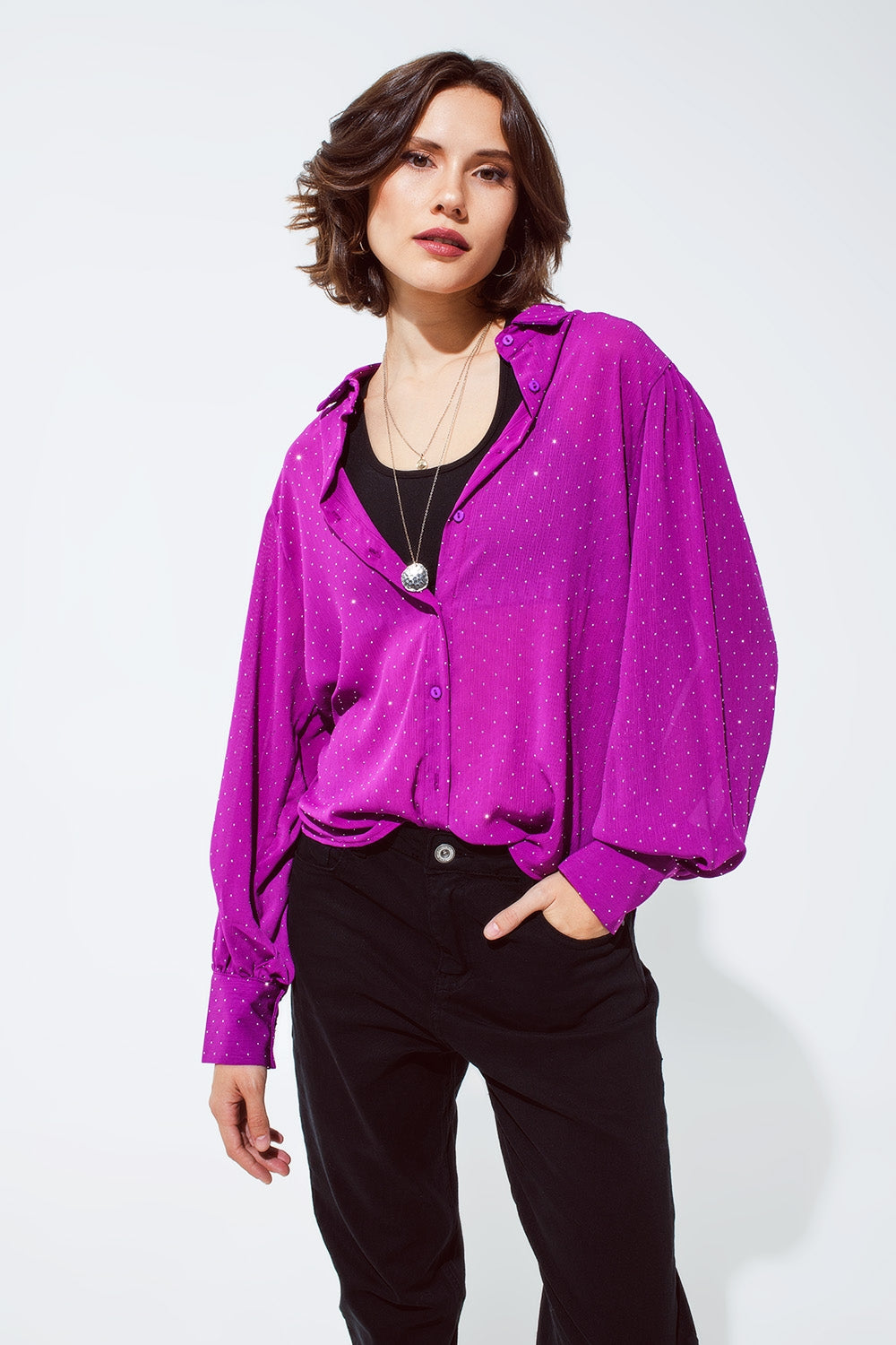 Blouse in magenta with strass detail - Blouses