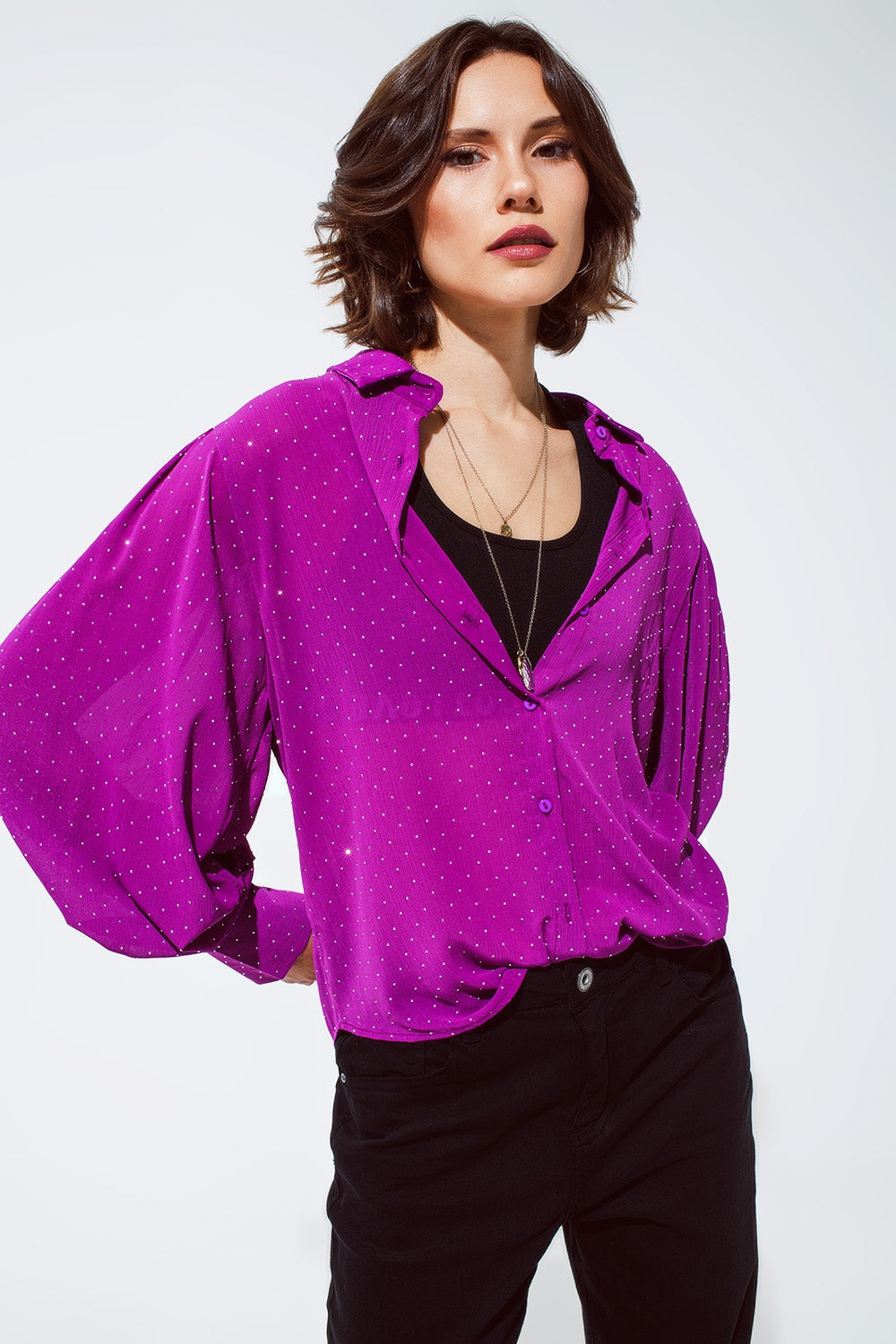 Blouse in magenta with strass detail - Blouses