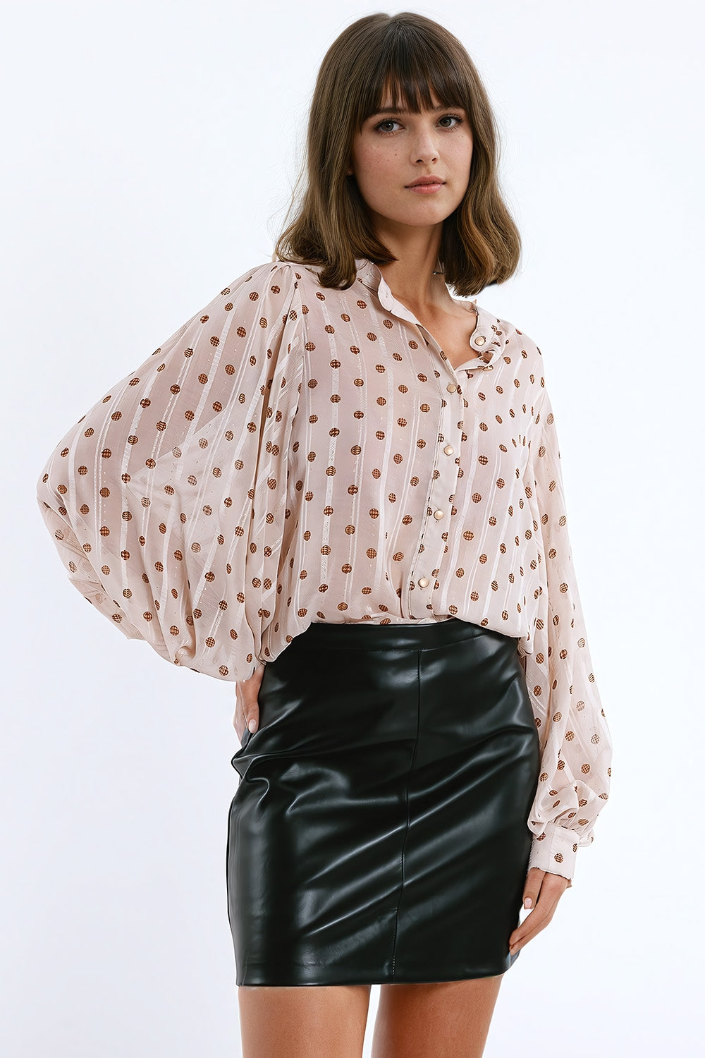 Blouse with balloon sleeves and polka dots in Beige - Blouses