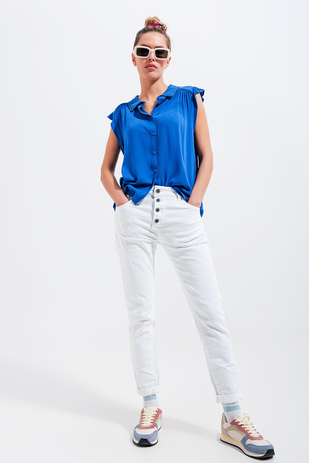 Blouse with frill sleeve in blue - Blouses