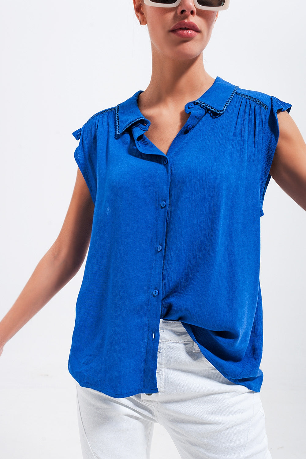 Blouse with frill sleeve in blue - Blouses