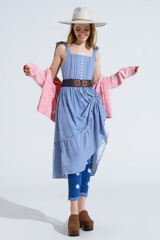 Blue and White Gingham A-line Dress With Adjustable Straps