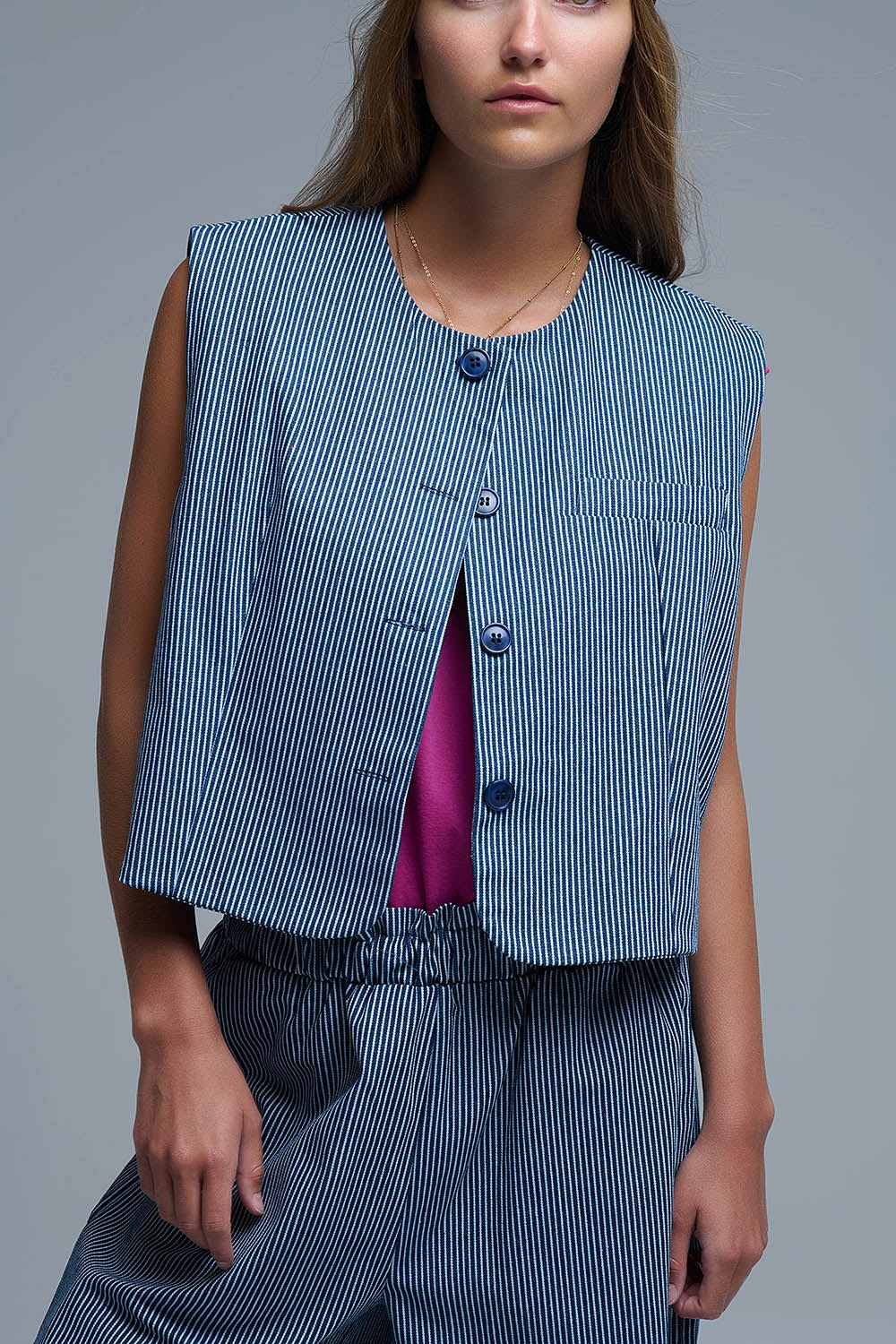 Blue and White Striped Crew Neck Vest - Coats and Jackets