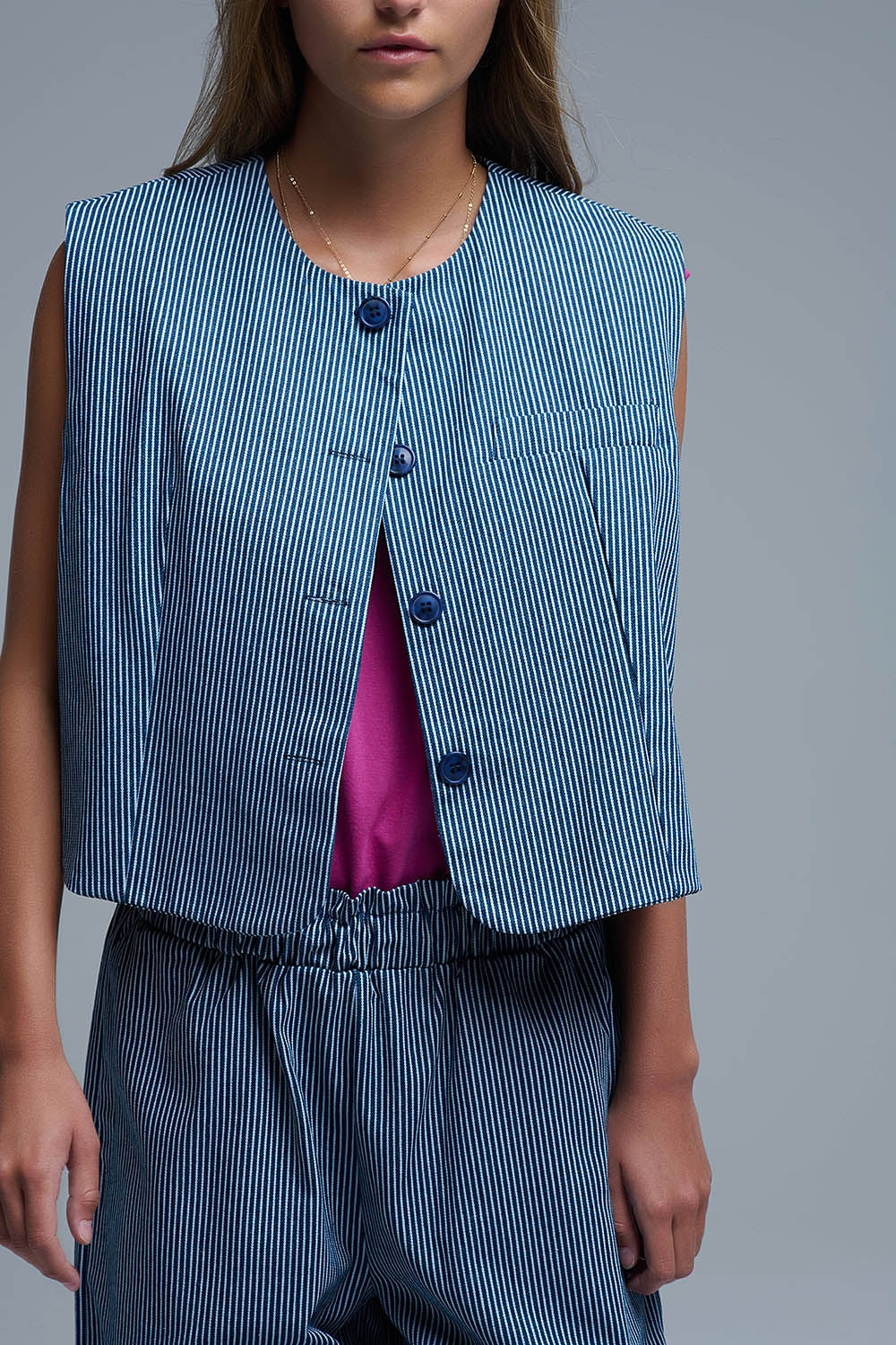 Blue and White Striped Crew Neck Vest - Coats and Jackets