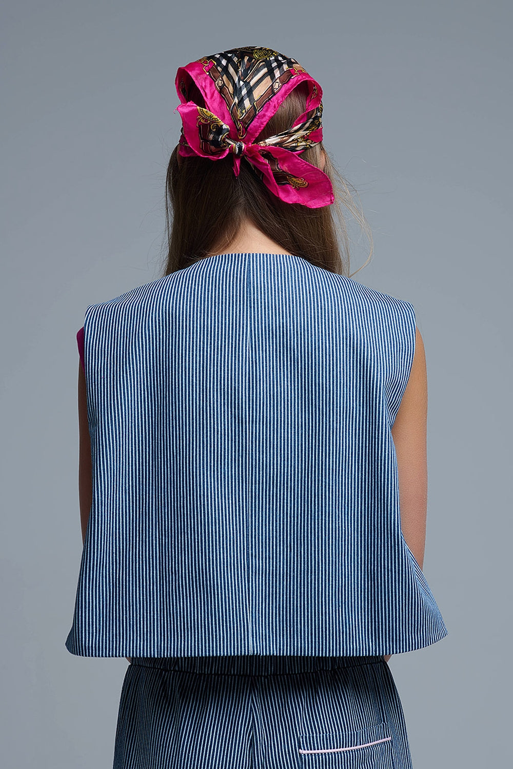 Blue and White Striped Crew Neck Vest - Coats and Jackets
