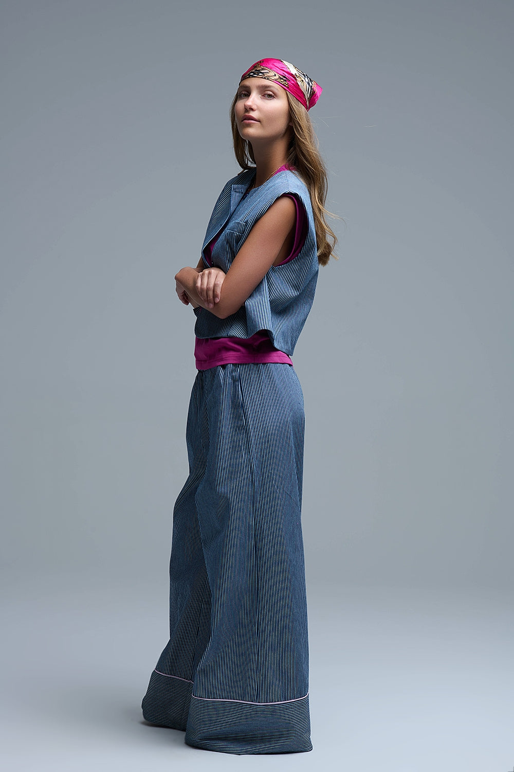Blue and White Striped Crew Neck Vest - Coats and Jackets