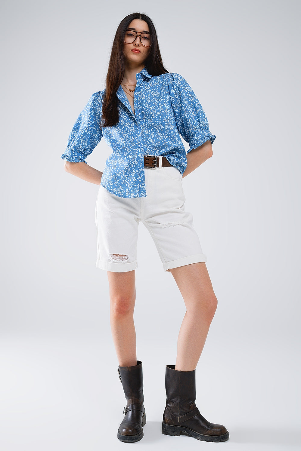 Blue Blouse with Floral Design and short sleeves - Blouses
