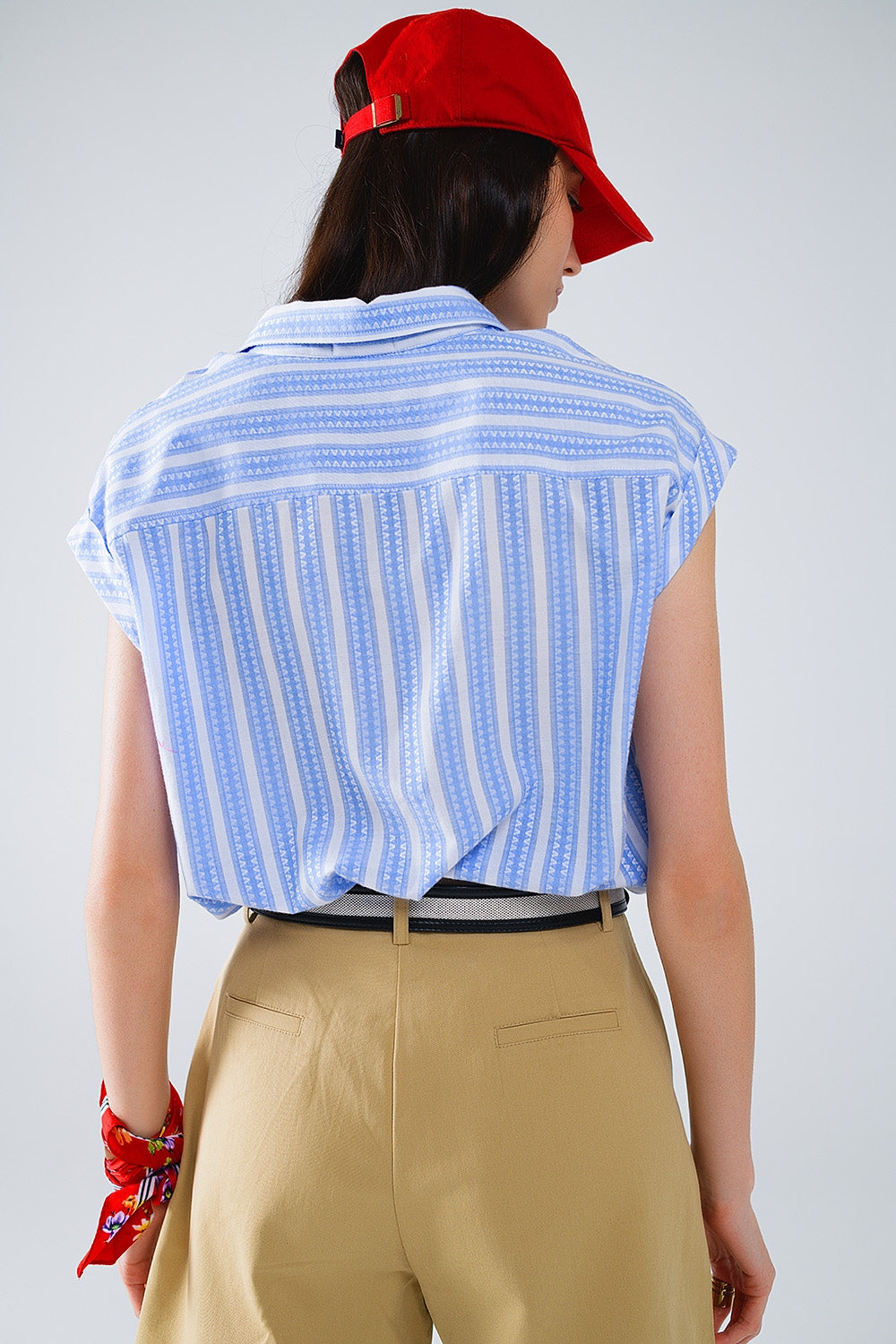 Blue Blouse With Vertical Stripes And Short Sleeves - Blouses