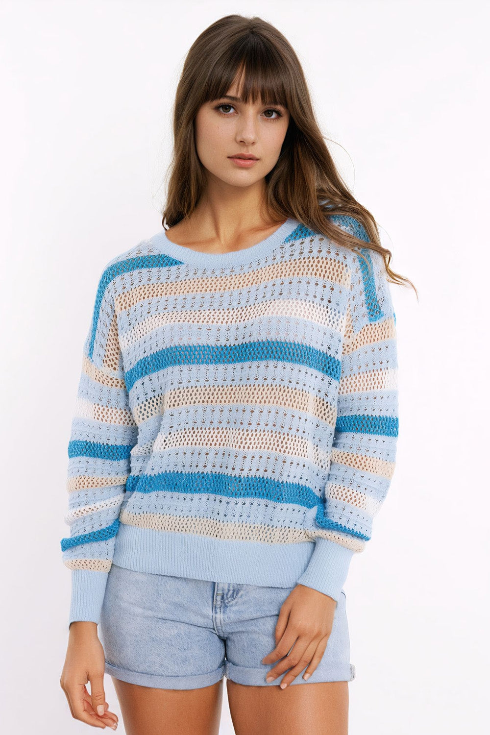 Blue knit sweater with blue and White stripes - Jumpers