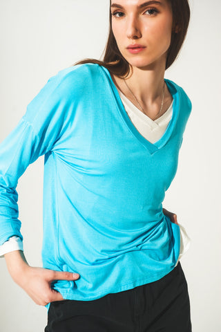 Blue long sleeve v neck top in modal