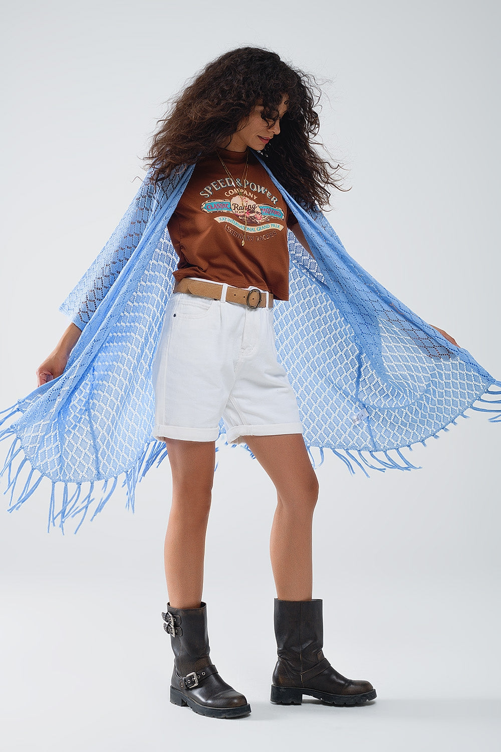 blue Open Cardigan With Fringe Ends and 3/4 sleeves - Cardigans