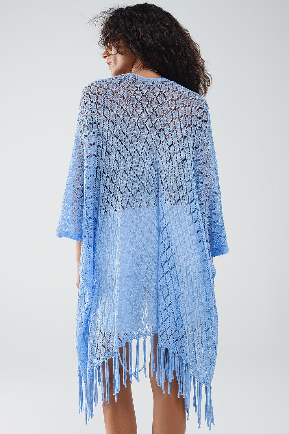 blue Open Cardigan With Fringe Ends and 3/4 sleeves - Cardigans