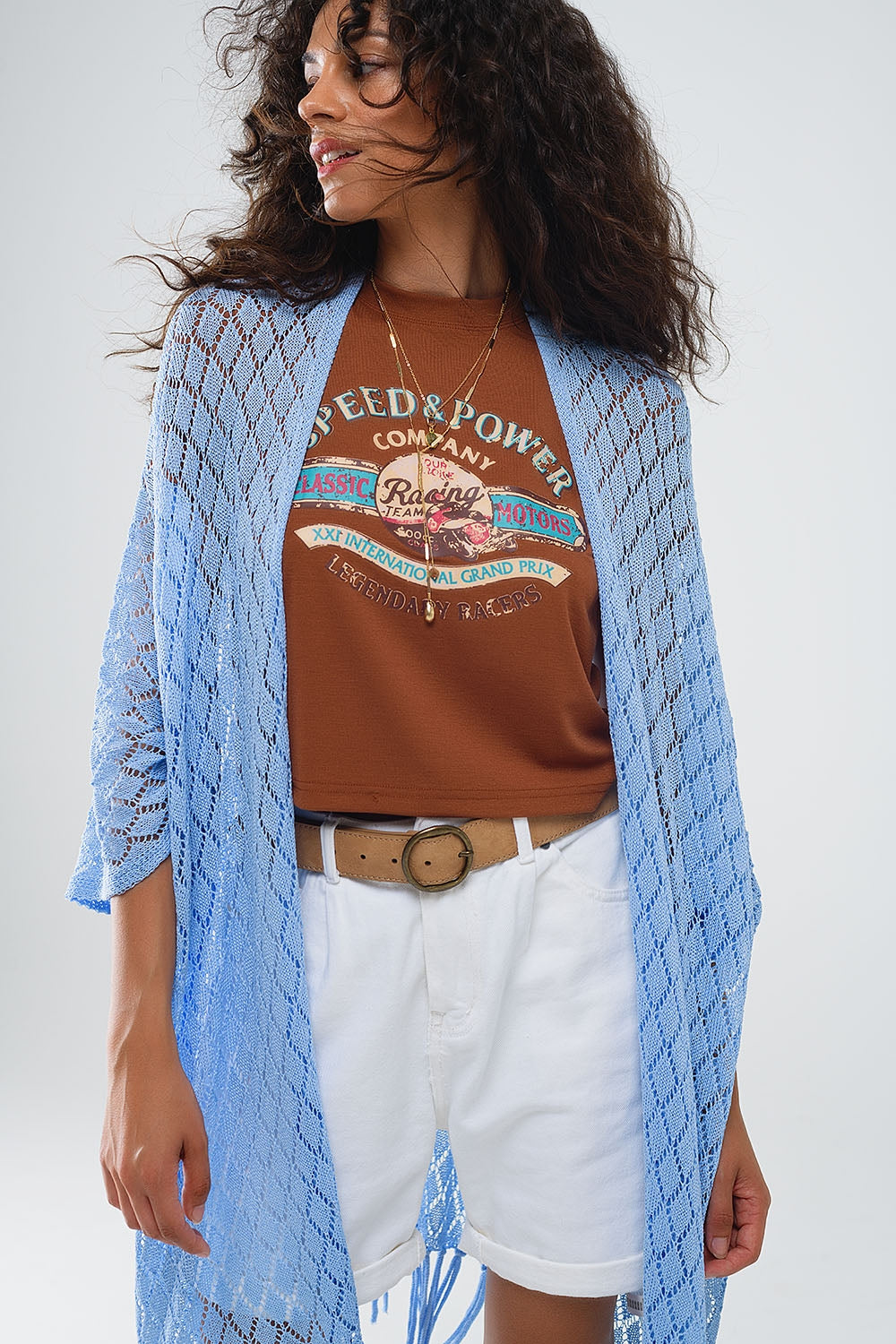blue Open Cardigan With Fringe Ends and 3/4 sleeves - Cardigans