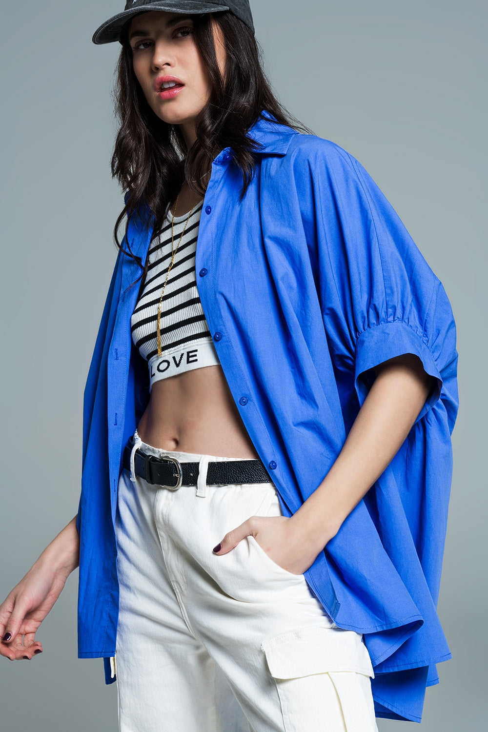 Blue oversized blouse with short sleeves - Blouses
