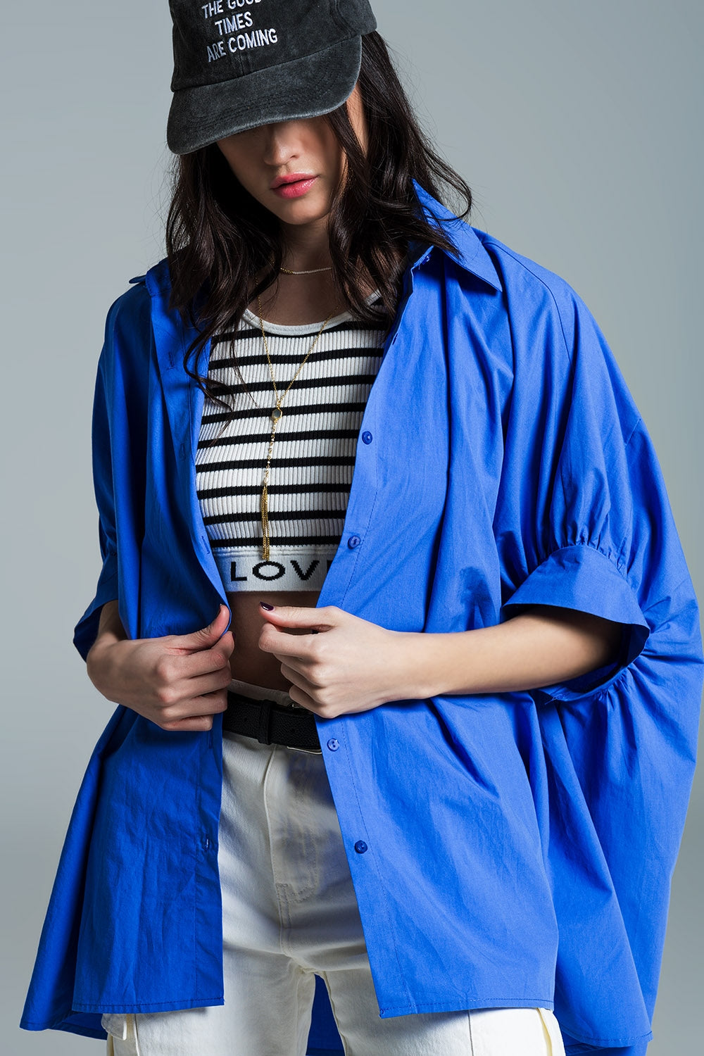 Blue oversized blouse with short sleeves - Blouses