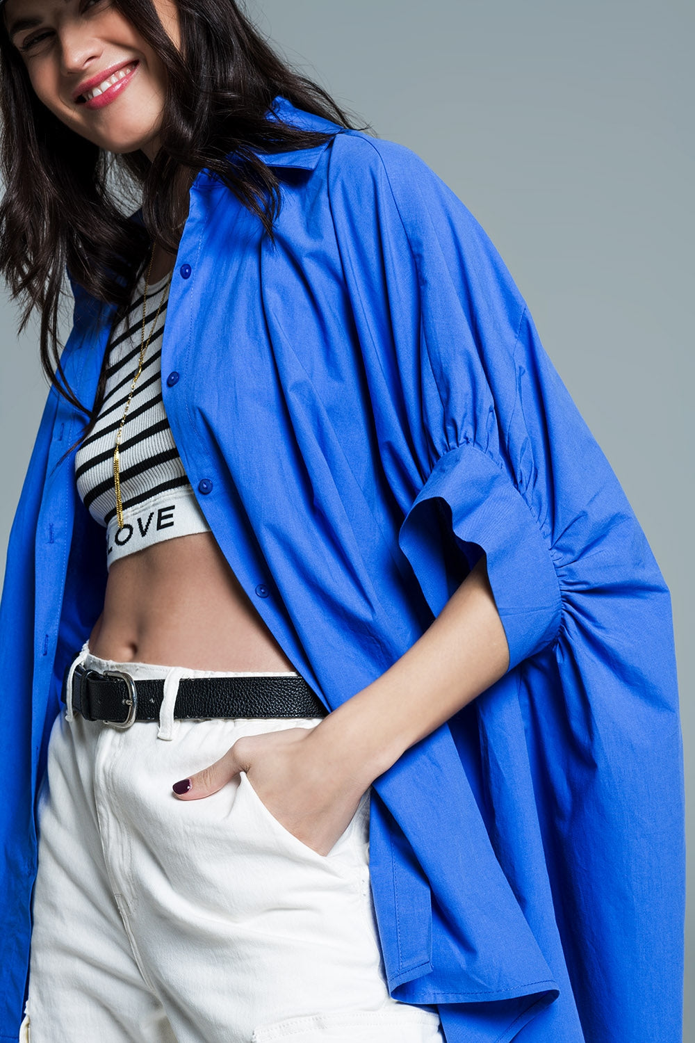 Blue oversized blouse with short sleeves - Blouses