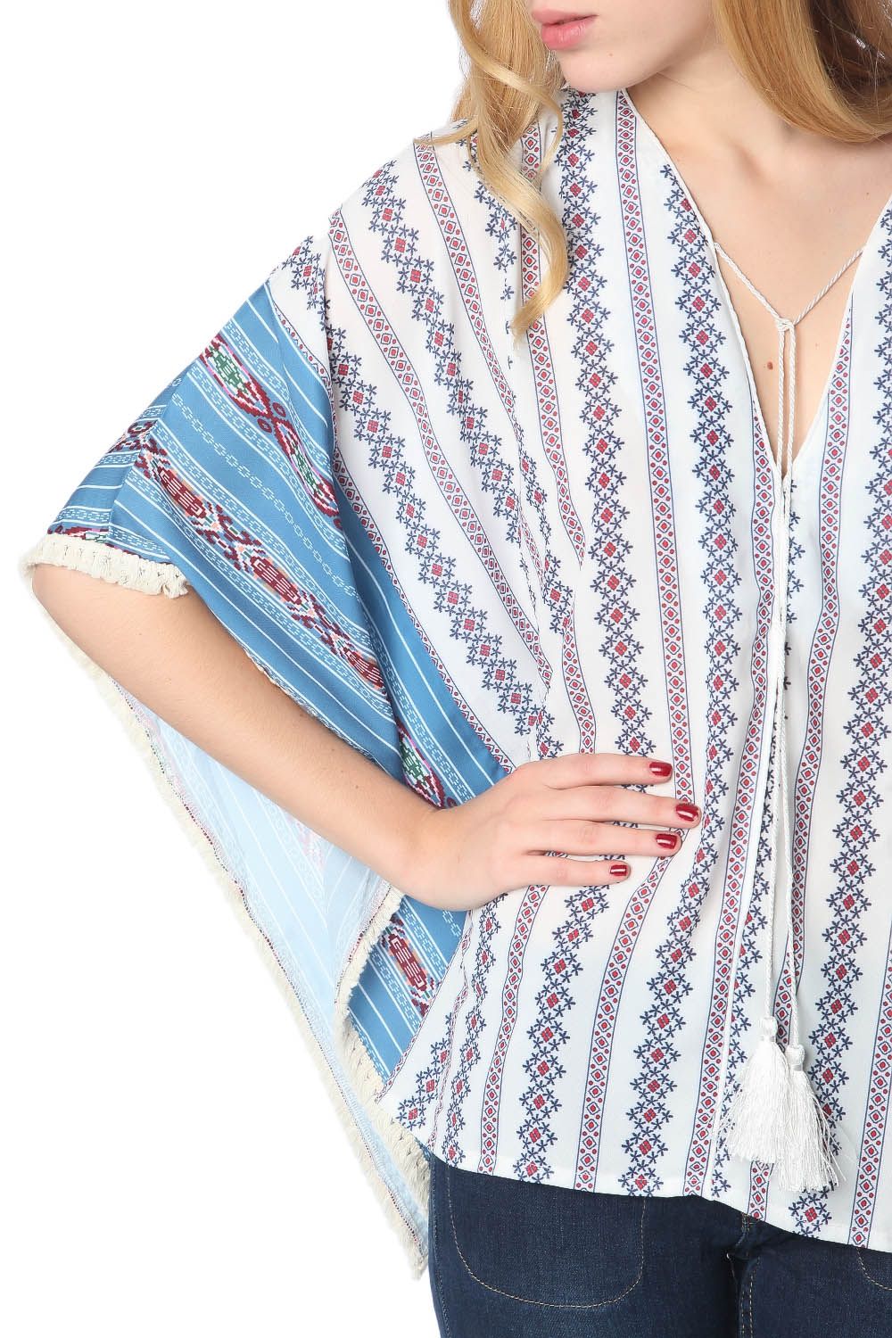 Blue oversized poncho top in tribe print - Ponchos