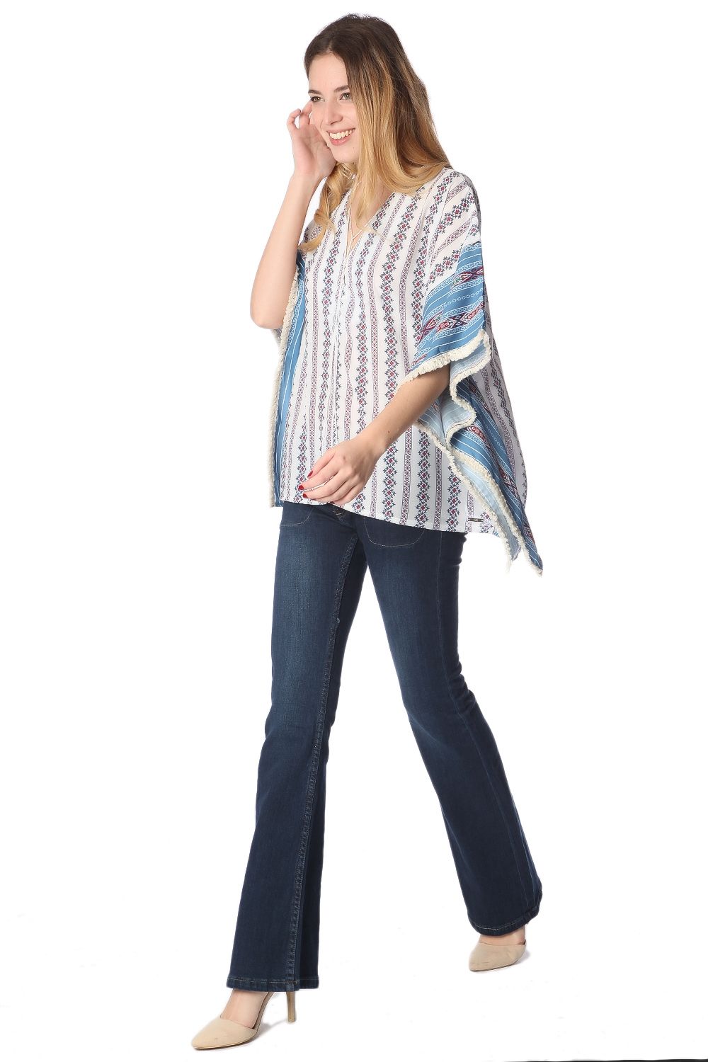 Blue oversized poncho top in tribe print - Ponchos