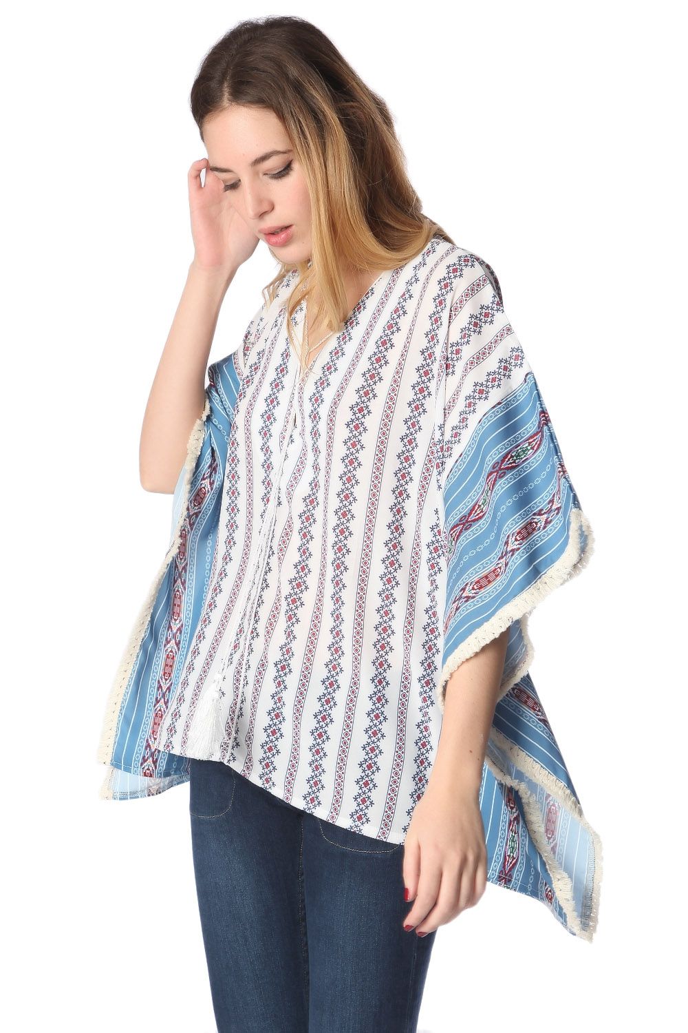 Blue oversized poncho top in tribe print - Ponchos