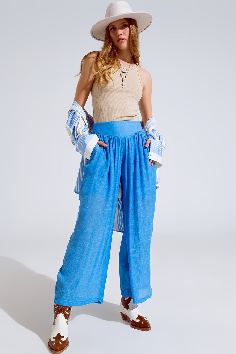 Blue Palazzo style Pants With Side Pockets And Thick Waist Band - Trousers