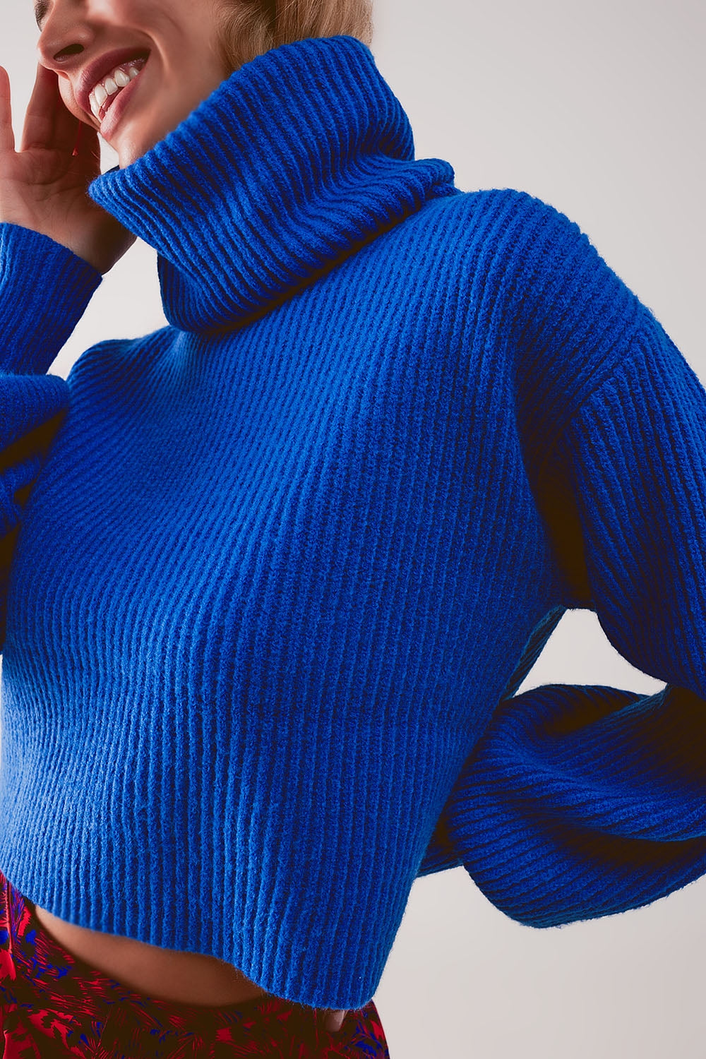 Blue ribbed knit turtleneck jumper with balloon sleeves Q2 Sweaters BoutiqueLua